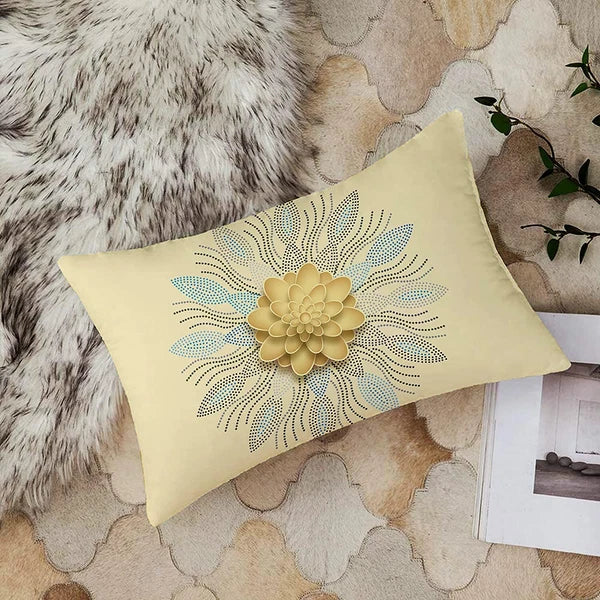 Gold Floral Printed Cotton Canvas Rectangular Cushion Covers,Set of 2 (12 x 18in