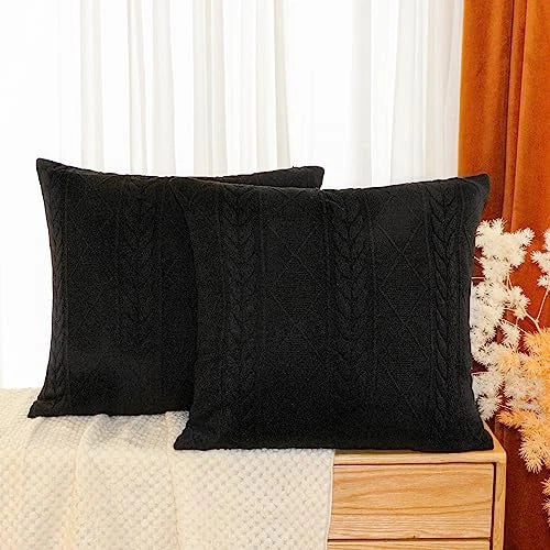 Set of 2 Black Decorative knit Throw Pillow Cover Soft knit Pillow Case,
