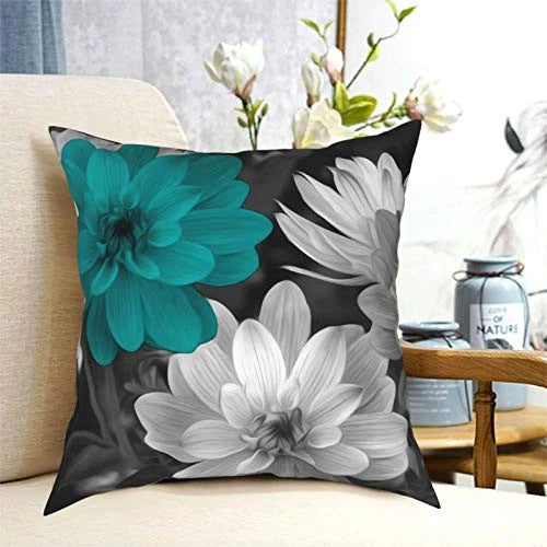 Teal Grey Flowers Throw Pillow Covers 18x18 Inch Decorative Pillow Case for