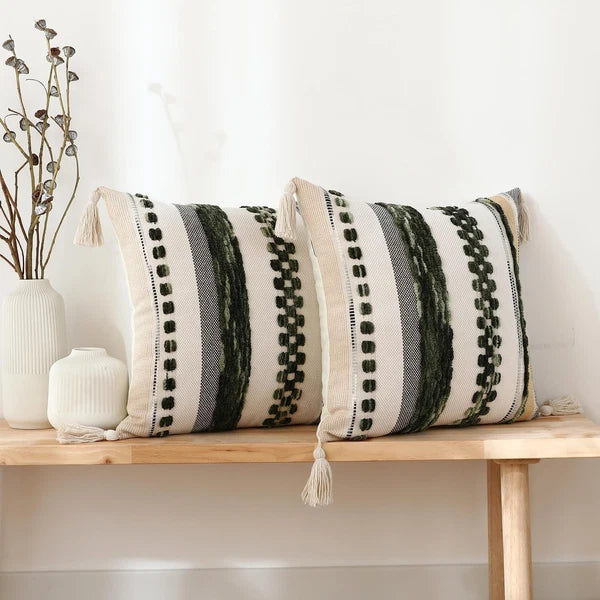 Set of 2 Boho Throw Pillow Covers 18x18 inch Woven Tufted Farmhouse Pillows C...