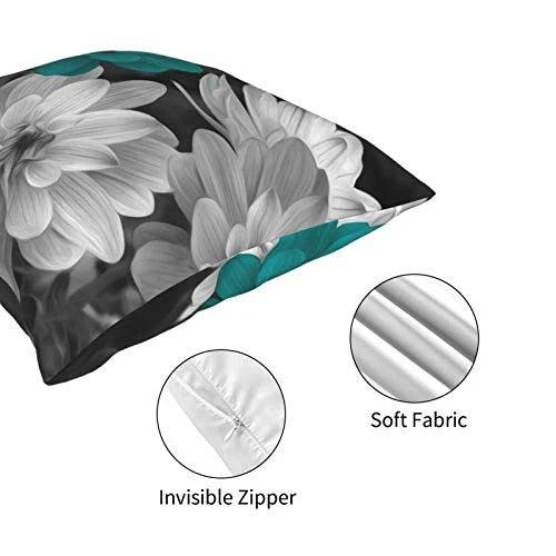 Teal Grey Flowers Throw Pillow Covers 18x18 Inch Decorative Pillow Case for