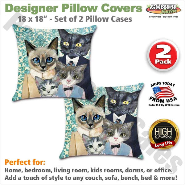 Set of 2 Pillow Covers 18x18, Cat Family Portrait in Suits, Linen Fabric 45x45cm