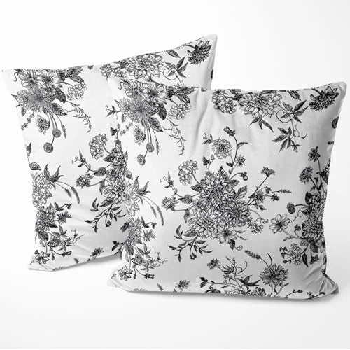 Black and White Floral Pillow Covers Home 18" x 18" (Pack of 2) Floral Black