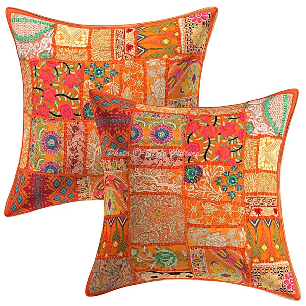Orange Cushion Cover Vintage Gypsy Handmade Boho Tribal Ethnic Hippie Pillow