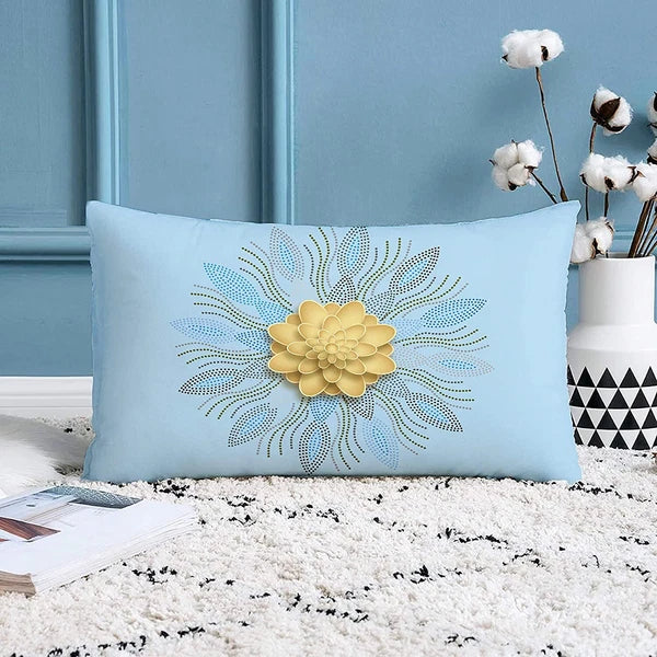 Gold Floral Printed Cotton Canvas Rectangular Cushion Covers,Set of 2 (12 x 18in