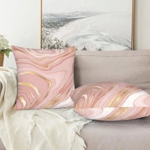 Pink and Gold Marble Pillow Covers 20x20 Set of 2, Pink Gold Abstract Art