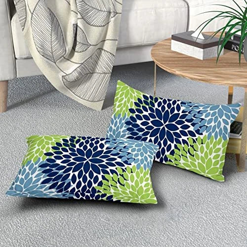 Pillow Covers 12x20 Light Blue Dahlia Flowers 12x20 Inches Navy Blue Green