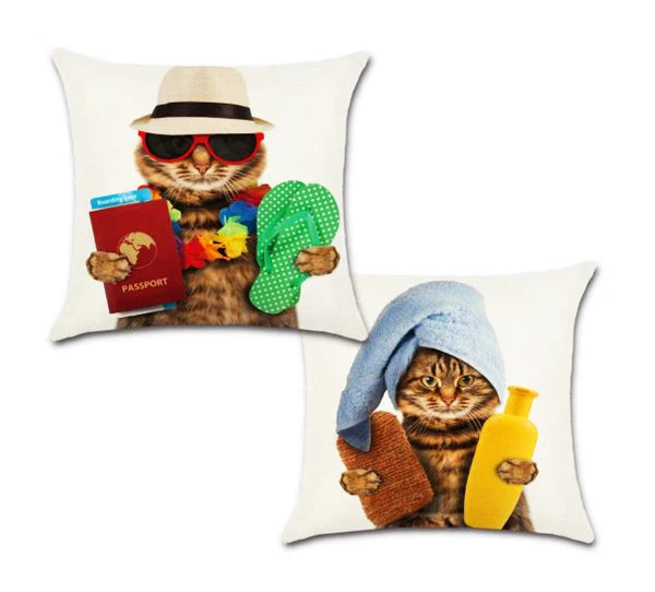 Set of 2 Pillow Covers 18x18, Cats Bath and Travel Design, Cotton Linen Fabric