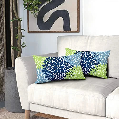Pillow Covers 12x20 Light Blue Dahlia Flowers 12x20 Inches Navy Blue Green