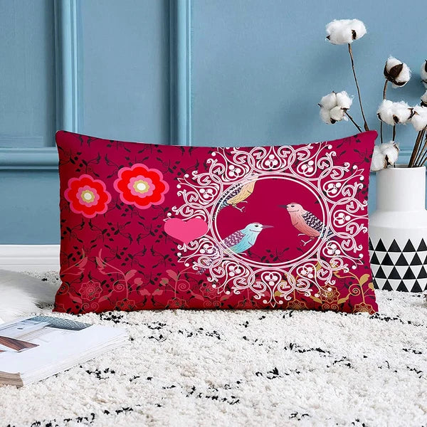 Birds Printed Cotton Canvas Rectangular Premium Quality Cushion Covers, Set of 2