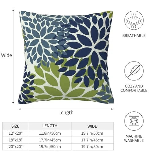 Navy Teal Pillow Covers 18x18 Set of 2 Dahlia 18" x 18" (Pack of 2) Blue Green