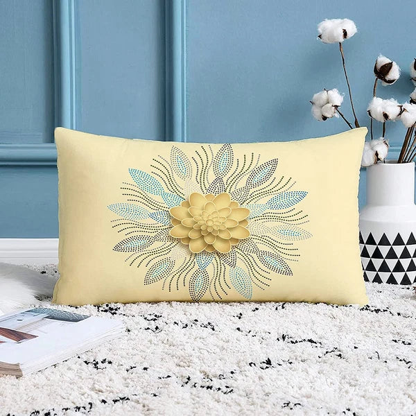 Gold Floral Printed Cotton Canvas Rectangular Cushion Covers,Set of 2 (12 x 18in