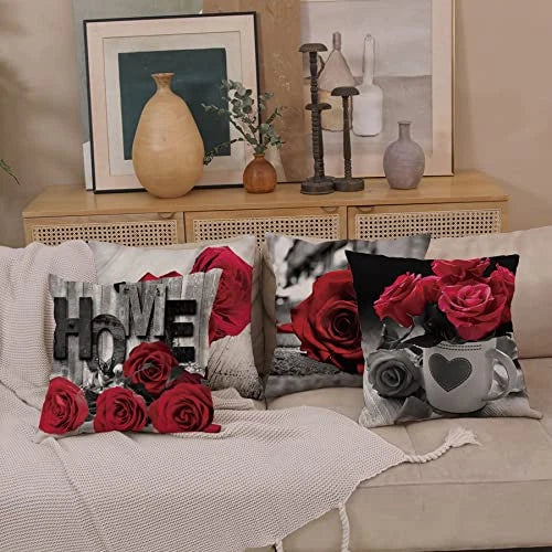 Red Rose Flowers Throw Pillow Cases Cushion 18" x 18" (Pack of 4) Flower B