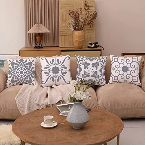 Geometric Flower Decorative Throw Pillow Covers 20 7.9" x 7.9" (Pack of 4) Gray