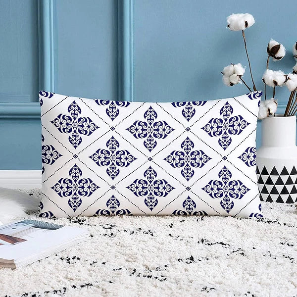 Printed Canvas Cotton Blue Brown Rectangular Cushion Covers,Set of 2 ,12 x 18 In