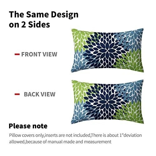 Pillow Covers 12x20 Light Blue Dahlia Flowers 12x20 Inches Navy Blue Green