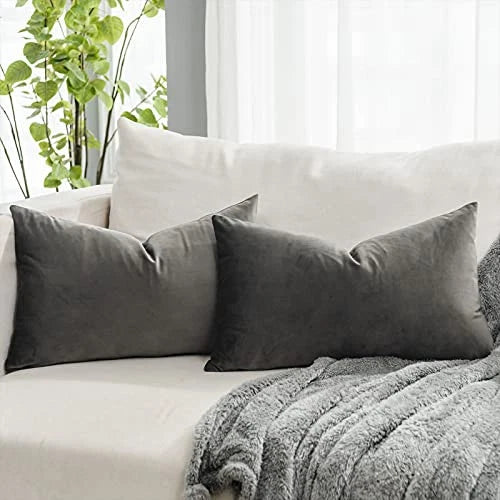 Decorative Lumbar Velvet Throw Pillow Covers 12x20 12" x 20" (Pack of 2) Ash