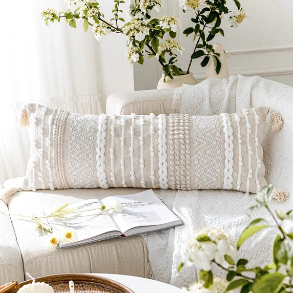 Cream Decorative Lumbar Throw Pillow Cover 14x36 Boho Long Cushion for Bed Ne...
