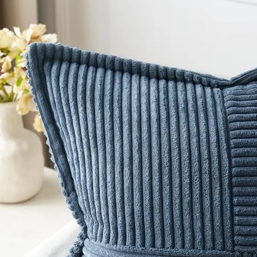 Corduroy Pillow Covers 20x20 Inch with Splicing Set 20" x 20" (Pack of 2) Blue