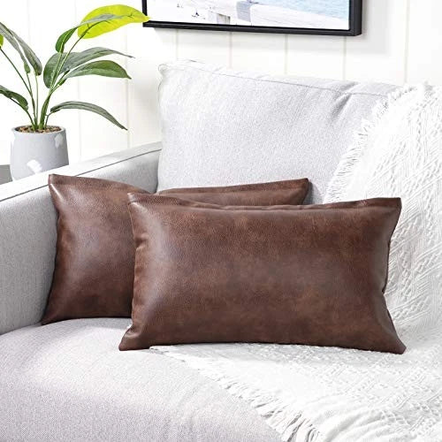 Set of 2 Lumbar Faux Leather Decorative Throw 20" x 12" (Pack of 2) Dark Brown
