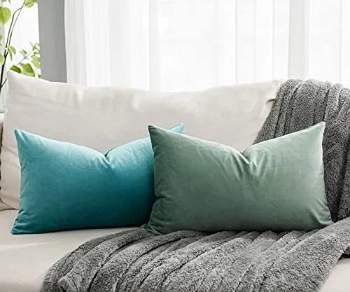 Decorative Lumbar Velvet Throw Pillow Covers 12" x 20" (Pack of 2) Seafoam