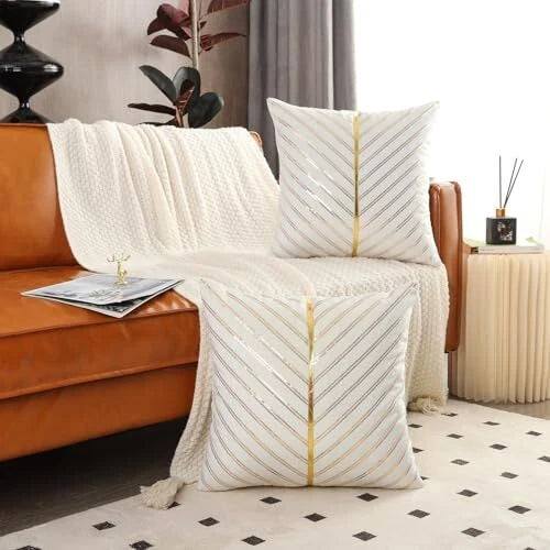 Velvet Throw Pillow Covers 18x18 Set of 2 with Gold 18" x 18" (Pack of 2) Beige