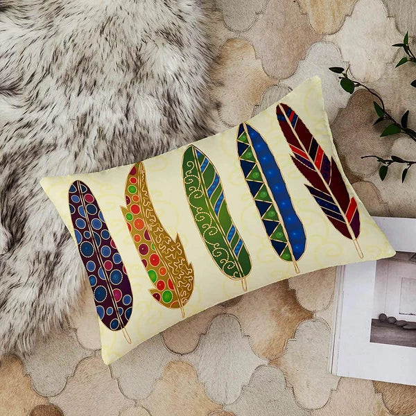 Feather Printed Cotton Canvas Cushion Cover Set of 2, ( 12 x 18 Inches )