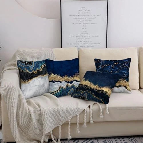 Navy Blue Grey Gold Pillows Covers Set of 4 18" x 18" (Pack of 4) Blue Marble