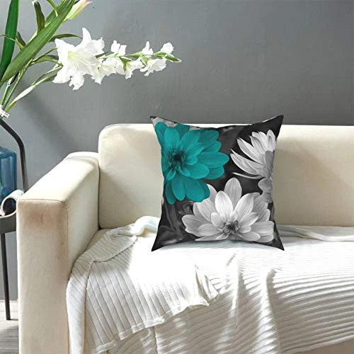Teal Grey Flowers Throw Pillow Covers 18x18 Inch Decorative Pillow Case for