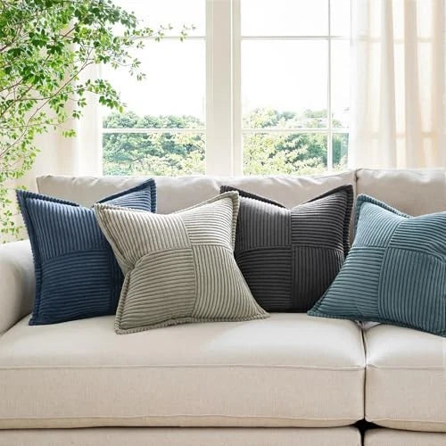 Corduroy Pillow Covers 20x20 Inch with Splicing Set 20" x 20" (Pack of 2) Blue
