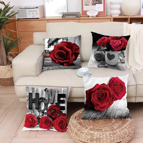 Red Rose Flowers Throw Pillow Cases Cushion 18" x 18" (Pack of 4) Flower B