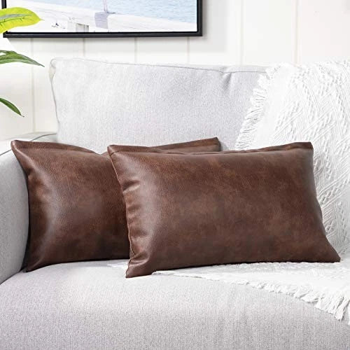Set of 2 Lumbar Faux Leather Decorative Throw 20" x 12" (Pack of 2) Dark Brown