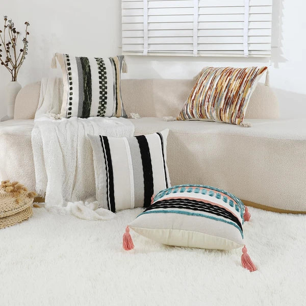 Set of 2 Boho Throw Pillow Covers 18x18 inch Woven Tufted Farmhouse Pillows C...