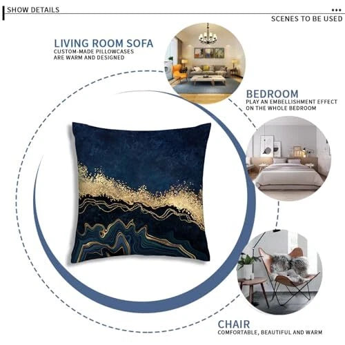 Navy Blue Grey Gold Pillows Covers Set of 4 18" x 18" (Pack of 4) Blue Marble