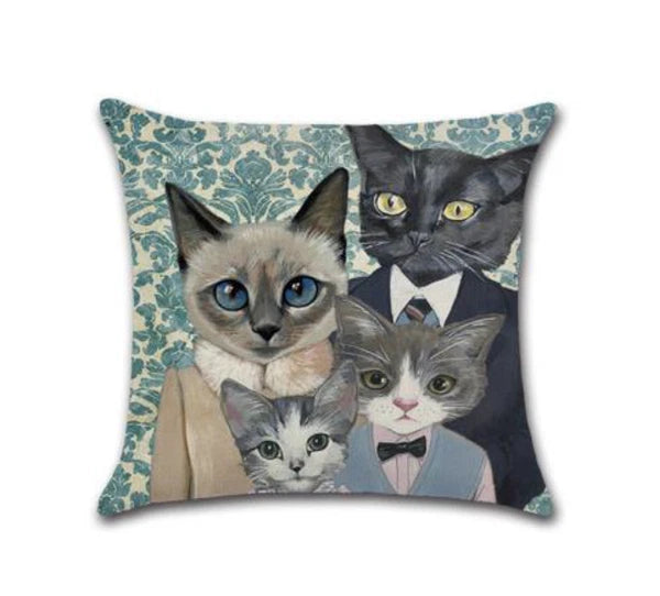 Set of 2 Pillow Covers 18x18, Cat Family Portrait in Suits, Linen Fabric 45x45cm