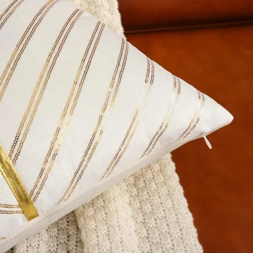 Velvet Throw Pillow Covers 18x18 Set of 2 with Gold 18" x 18" (Pack of 2) Beige