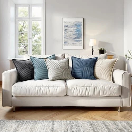 Corduroy Pillow Covers 20x20 Inch with Splicing Set 20" x 20" (Pack of 2) Blue