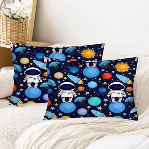 Throw Pillow Cover Queen Size Set of 2,Cartoon Space Astronauts Rockets Blue