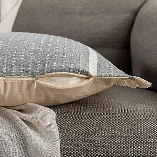 Modern Throw Pillow Cover with Tassels, Decorative Lumbar 12 x 20 Inches Gray