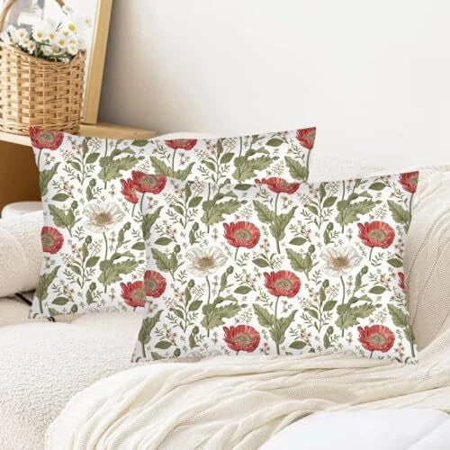 Flowers Pillow Cover Queen Size Set of 2 Spring Floral Wildflowers White Green