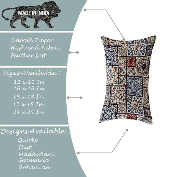 Printed Canvas Cotton Blue Brown Rectangular Cushion Covers,Set of 2 ,12 x 18 In