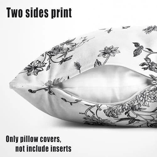 Black and White Floral Pillow Covers Home 18" x 18" (Pack of 2) Floral Black