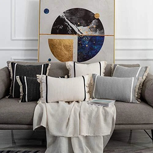 Modern Throw Pillow Cover with Tassels, Decorative Lumbar 12 x 20 Inches Gray