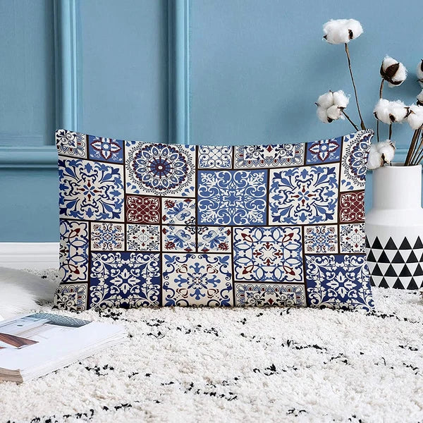 Printed Canvas Cotton Blue Brown Rectangular Cushion Covers,Set of 2 ,12 x 18 In