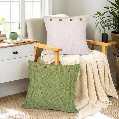 Pack of 2 Plush Throw Pillow Covers 20x20 Inch Soft Corduroy Striped Square