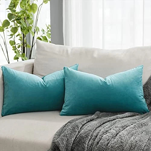 Decorative Lumbar Velvet Throw Pillow Covers 12" x 20" (Pack of 2) Seafoam