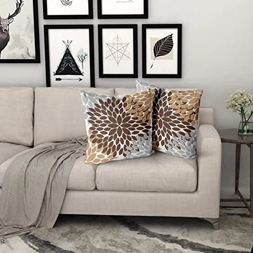 Dahlia Brown Pillow Covers 18X18 In Coffee Colored Grey 18x18 Inches Dark Brown