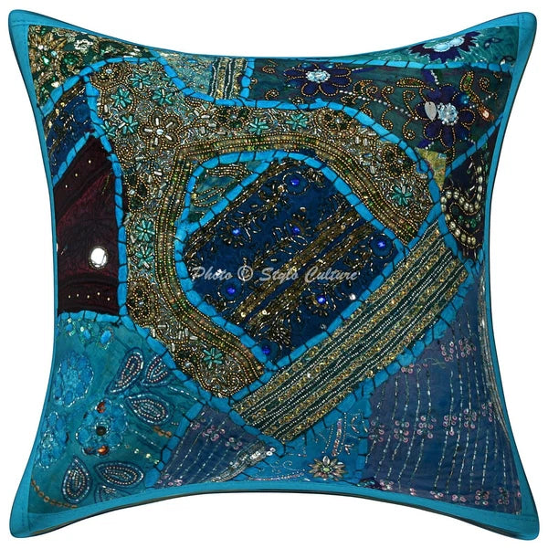 Blue Cushion Cover Beaded Gypsy Handmade Boho Ethnic Tribal Ethnic Hippie Pillow