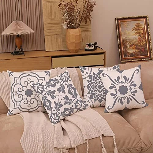 Geometric Flower Decorative Throw Pillow Covers 20 7.9" x 7.9" (Pack of 4) Gray