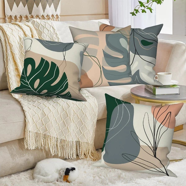Abstract Leaves Throw Pillow Covers 18''x18'' Set of 4, Geometric Pattern Cus...